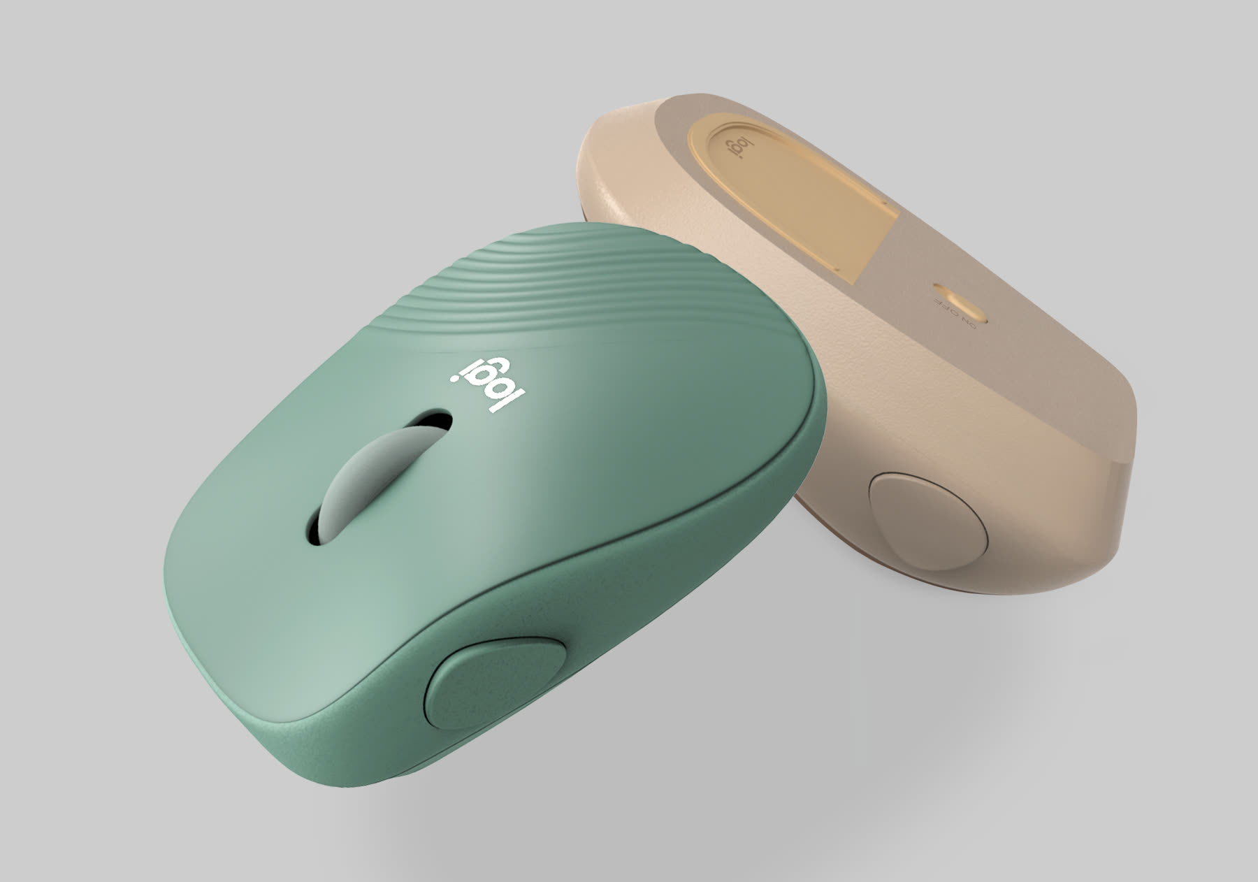 Sage-green Logitech mouse on a grey background