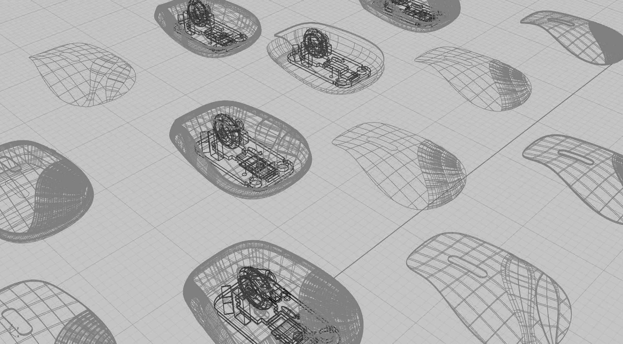 Surface and inner-structure wireframes of the mouse in Rhino