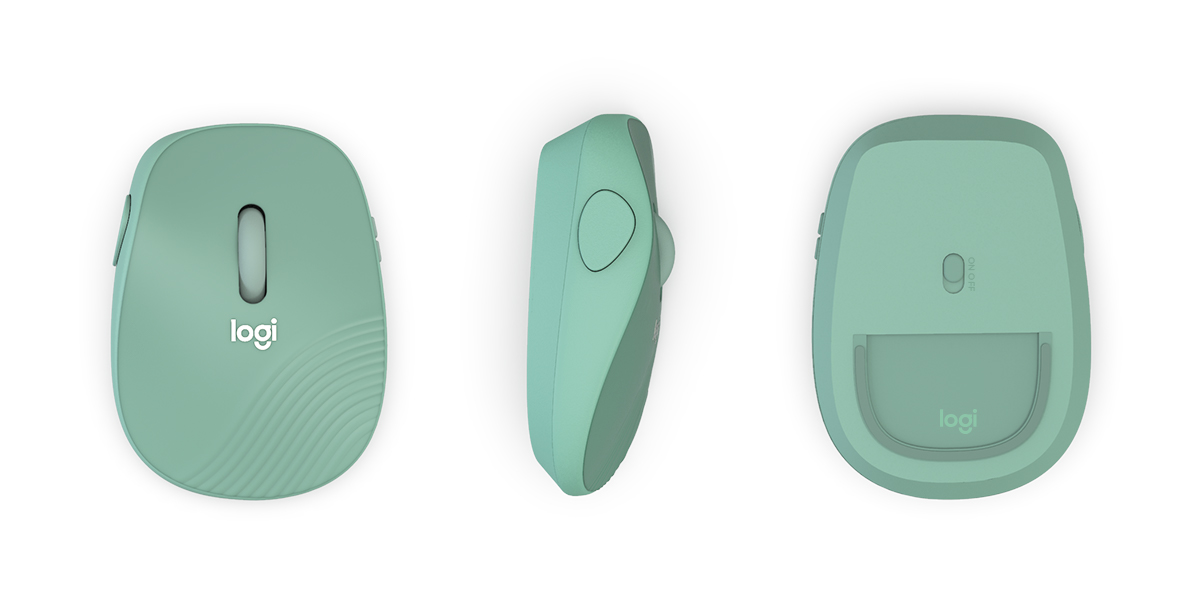 Front, side and underside views of the sage-green Logitech mouse