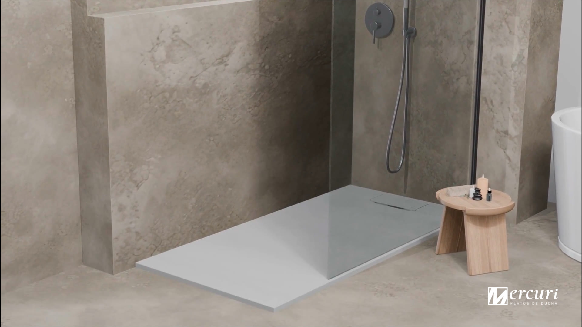 Mercuri shower tray rendered in a modern bathroom setting