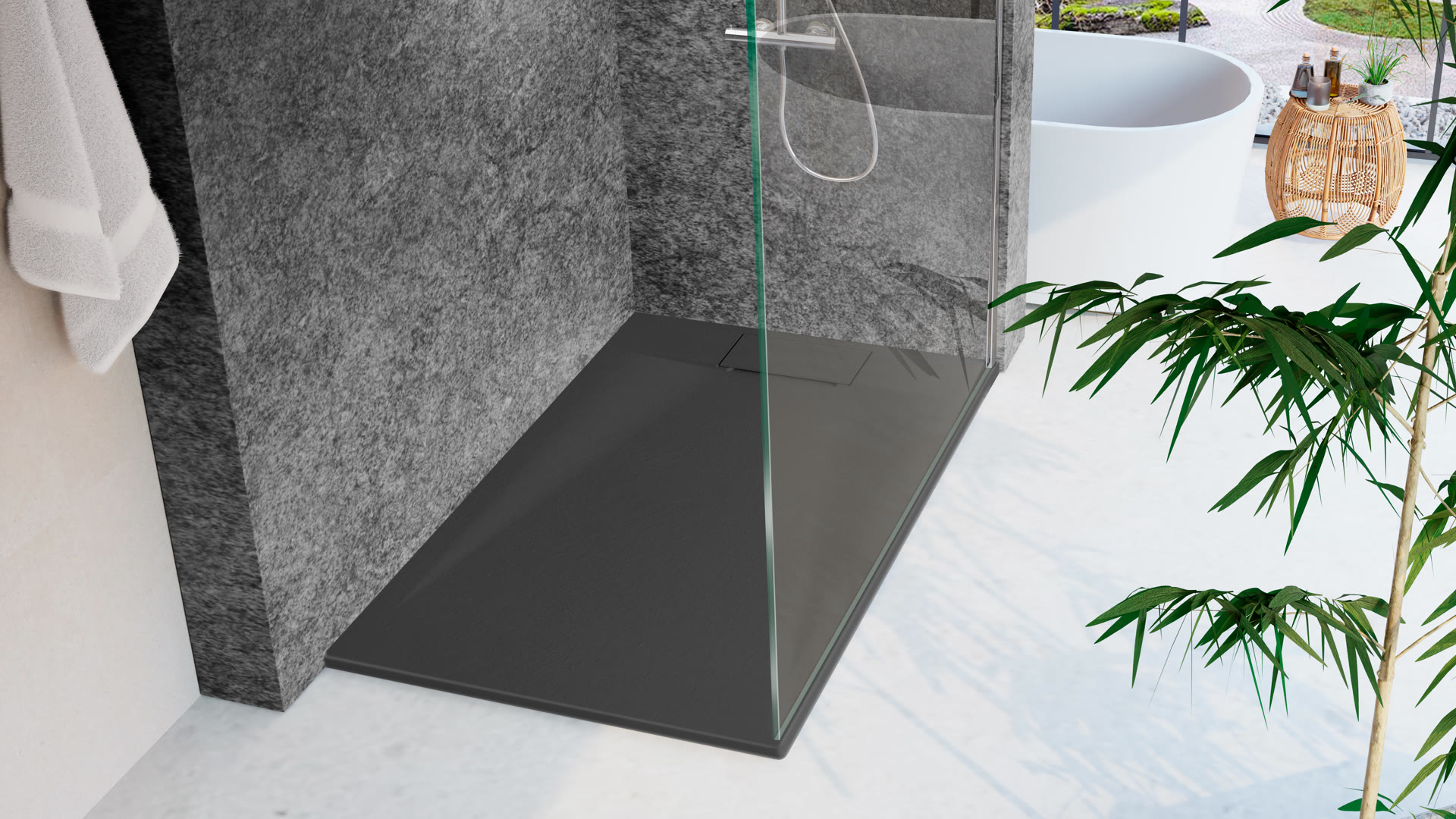 Close-up render of the graphite shower tray surface and integrated drain